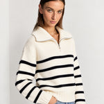 White Striped Jumper Chunky Knit Half Zip Sweater with Funnel Collar