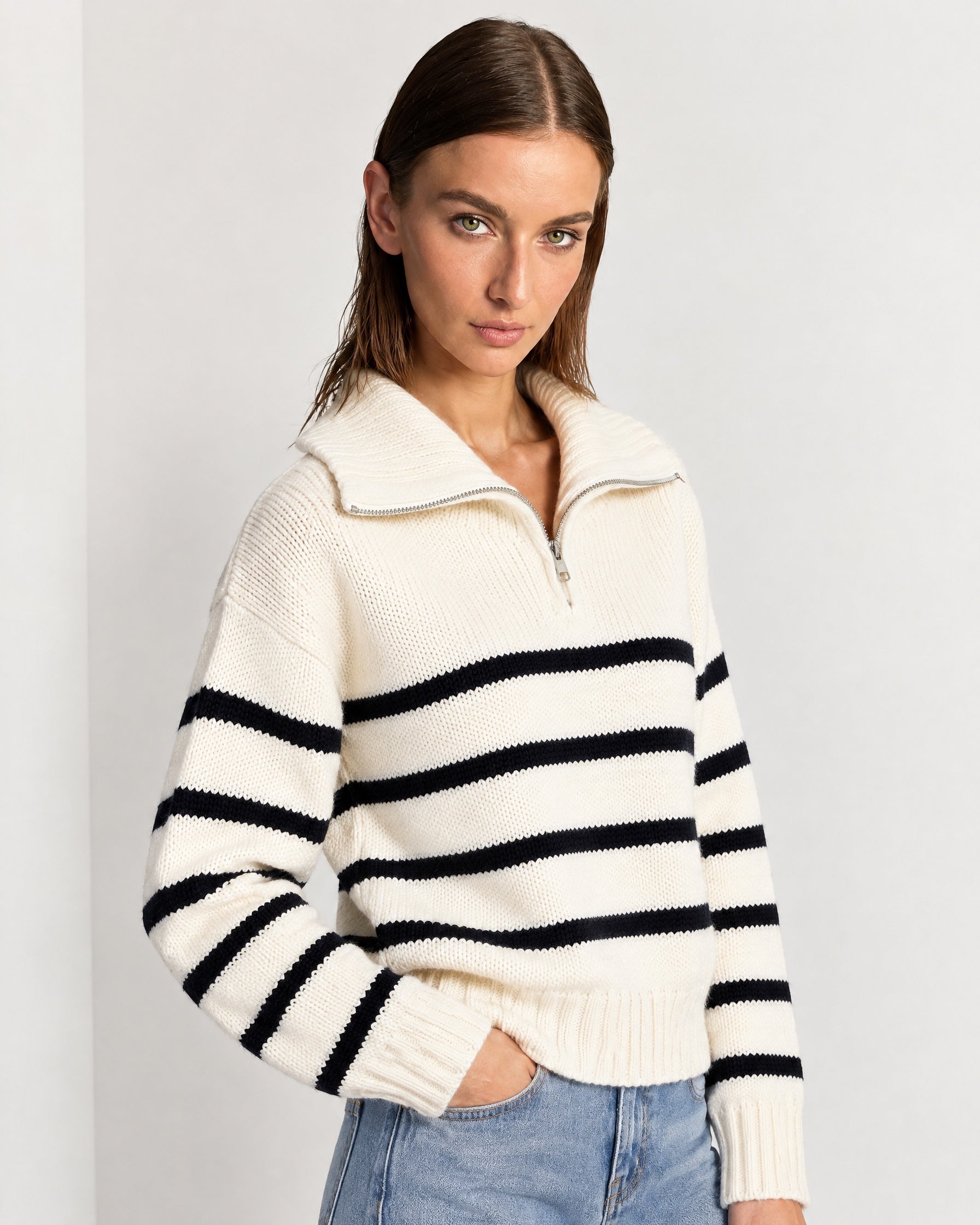 White Striped Jumper Chunky Knit Half Zip Sweater with Funnel Collar