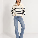White Striped Jumper Chunky Knit Half Zip Sweater with Funnel Collar