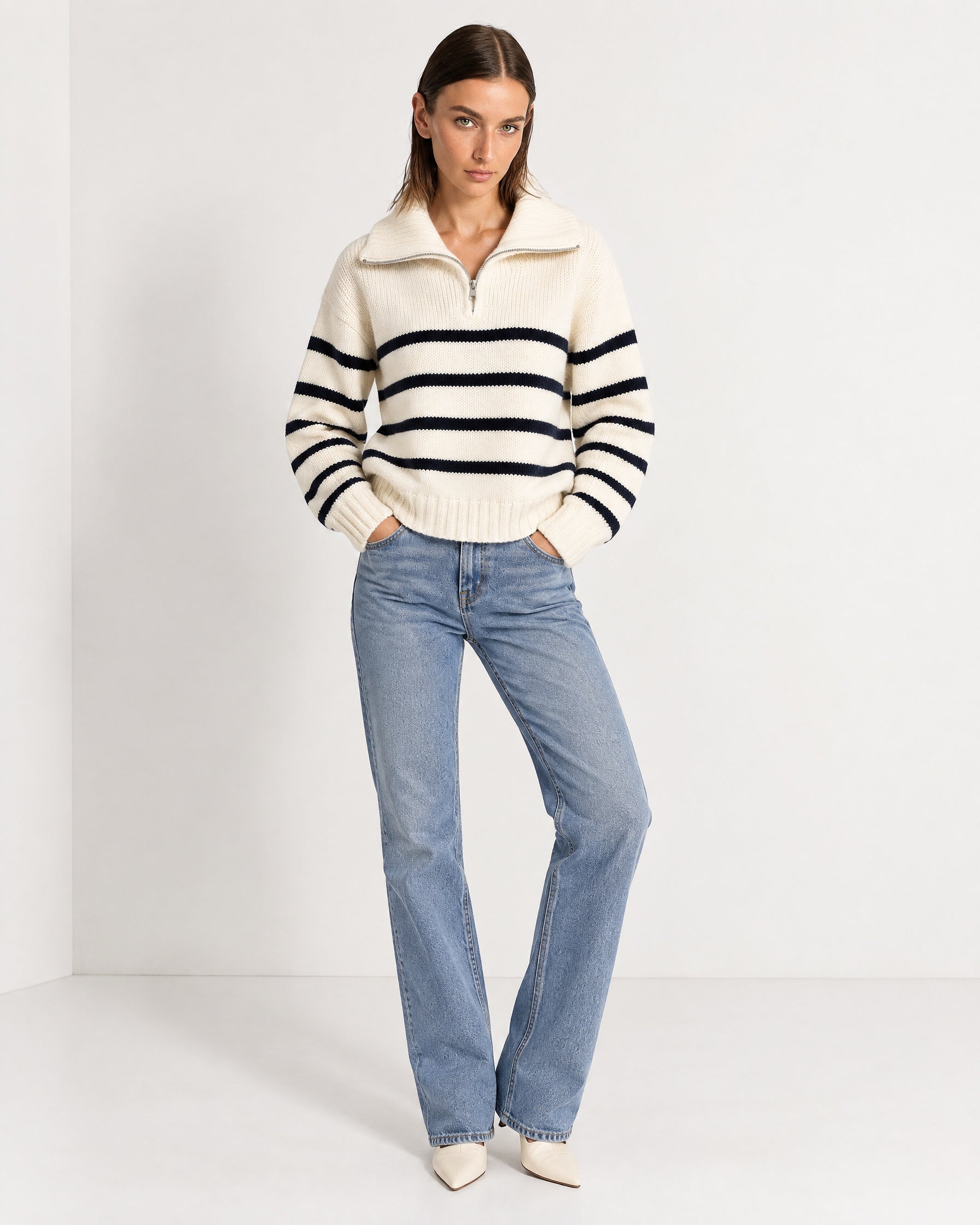 White Striped Jumper Chunky Knit Half Zip Sweater with Funnel Collar