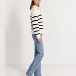 White Striped Jumper Chunky Knit Half Zip Sweater with Funnel Collar