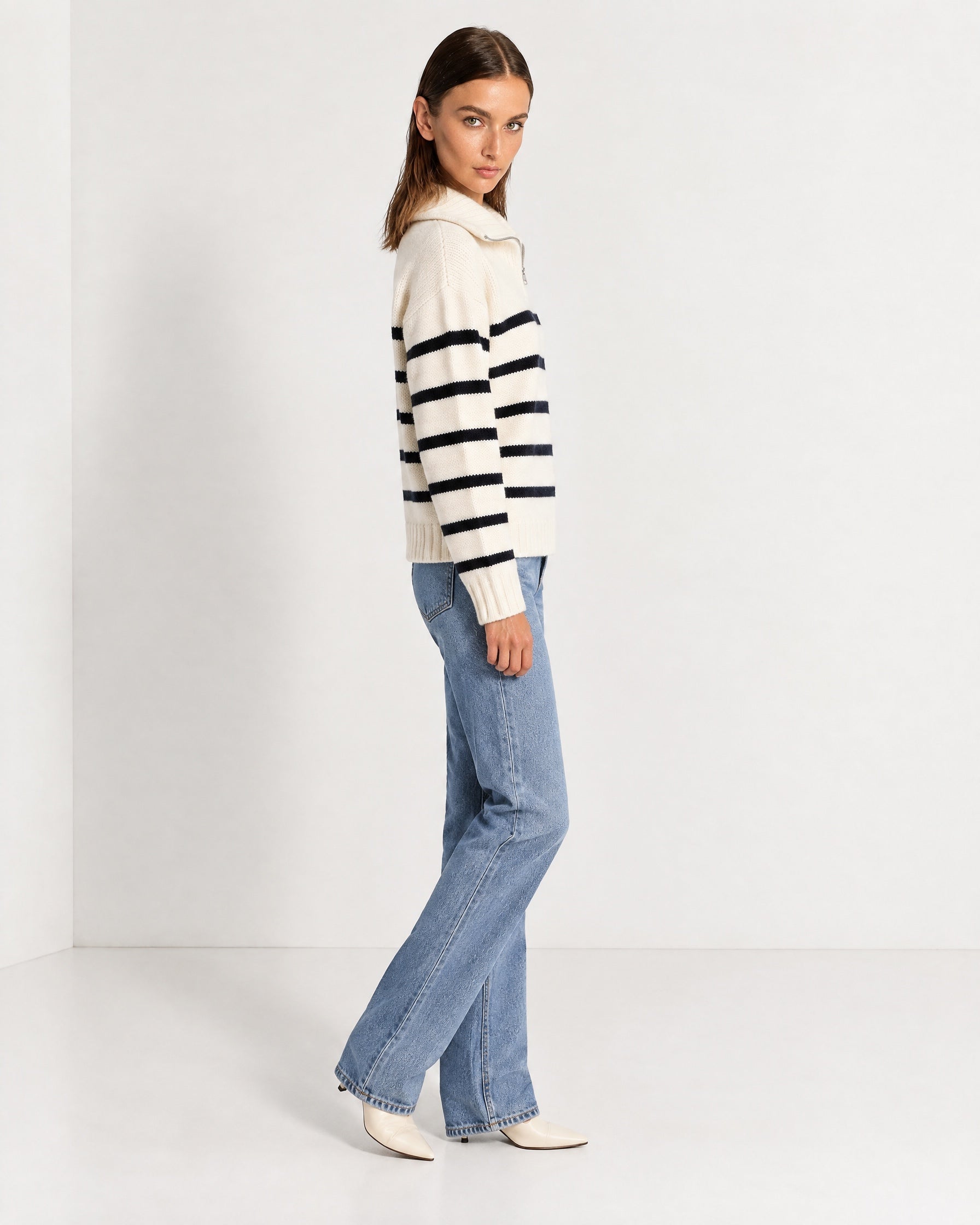 White Striped Jumper Chunky Knit Half Zip Sweater with Funnel Collar
