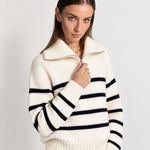 White Striped Jumper Chunky Knit Half Zip Sweater with Funnel Collar