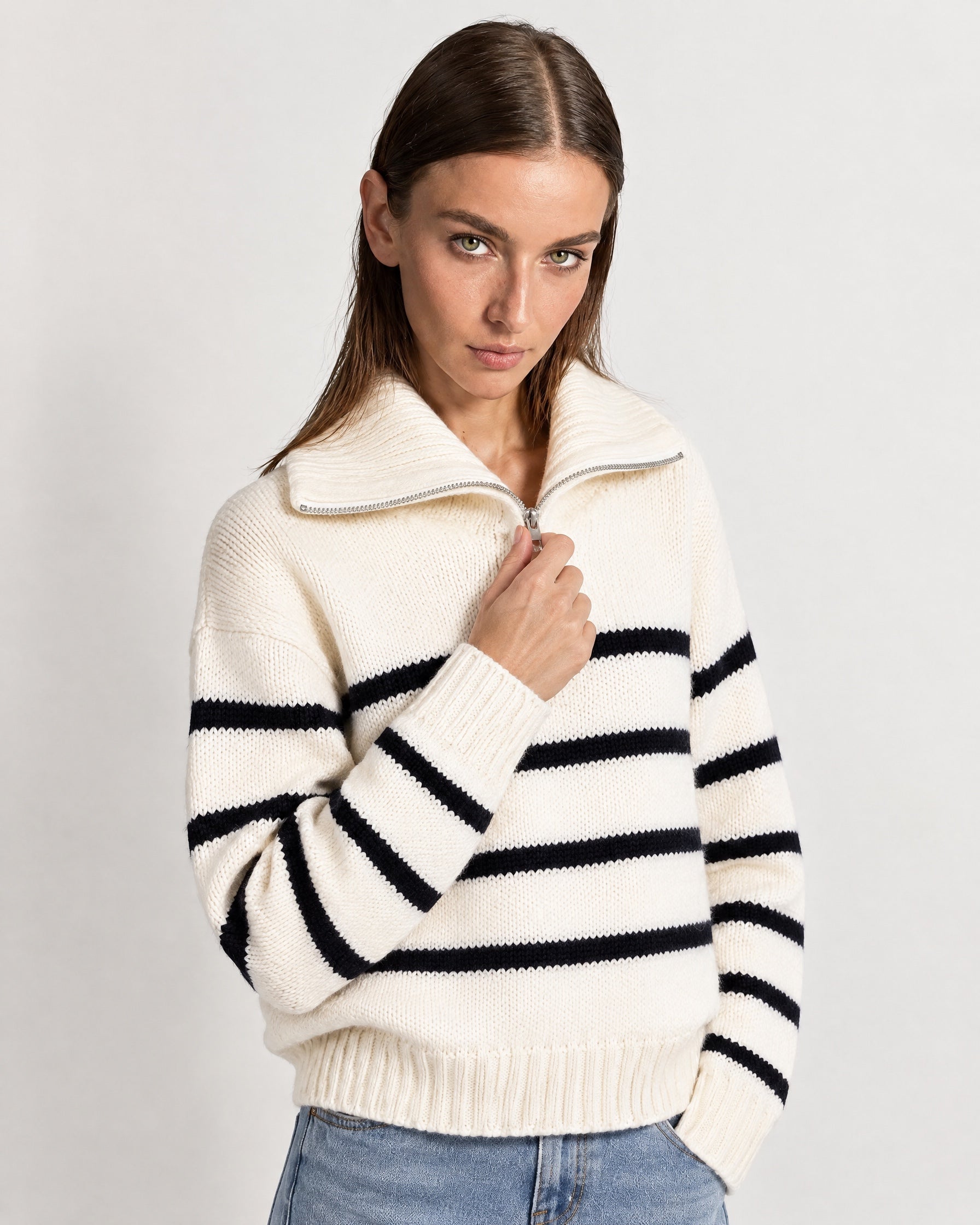 White Striped Jumper Chunky Knit Half Zip Sweater with Funnel Collar