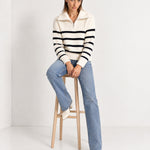 White Striped Jumper Chunky Knit Half Zip Sweater with Funnel Collar