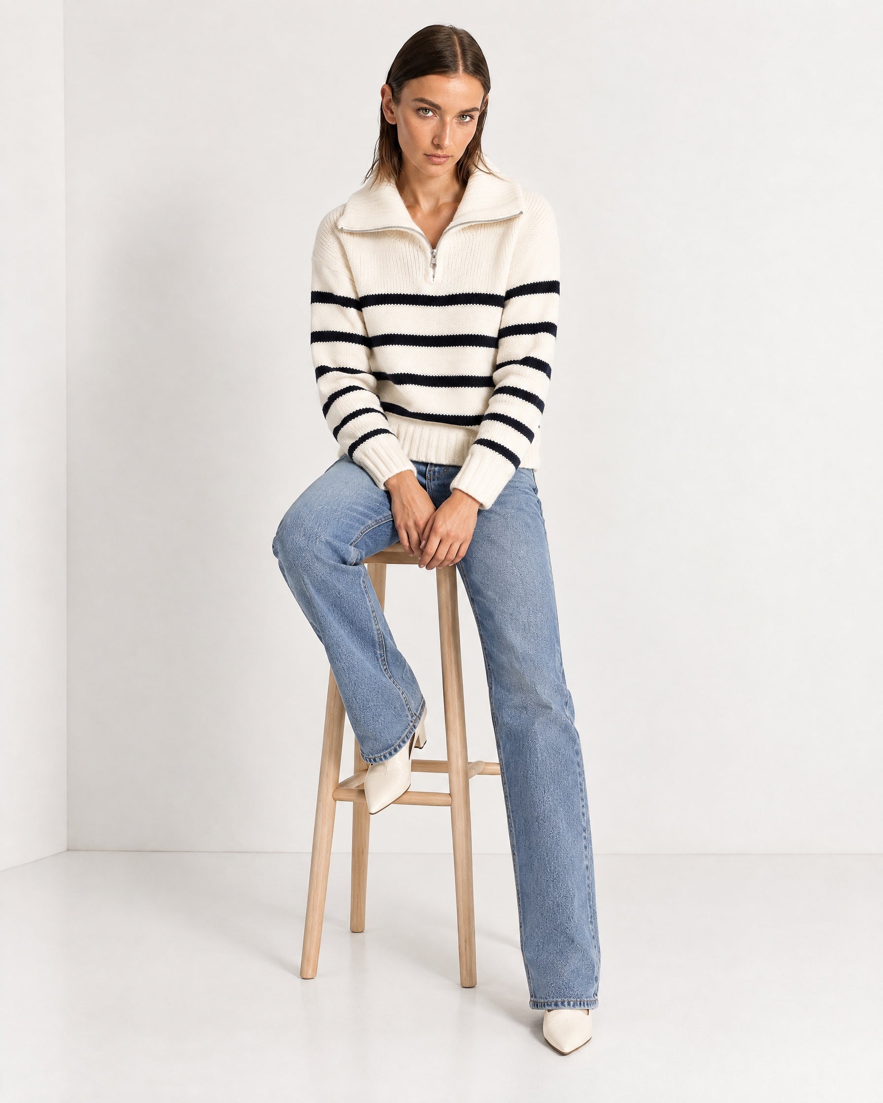 White Striped Jumper Chunky Knit Half Zip Sweater with Funnel Collar
