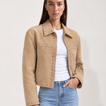 Camel Studded Jacket Cropped Biker Jacket with Point Collar and Silver Studs