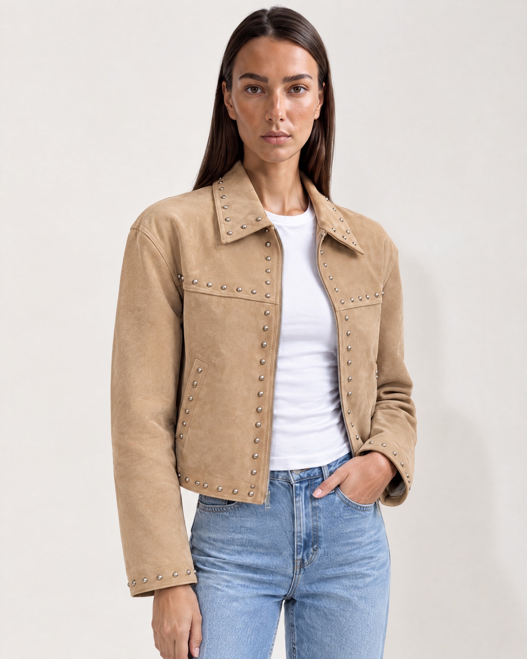 Camel Studded Jacket Cropped Biker Jacket with Point Collar and Silver Studs