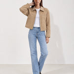 Camel Studded Jacket Cropped Biker Jacket with Point Collar and Silver Studs