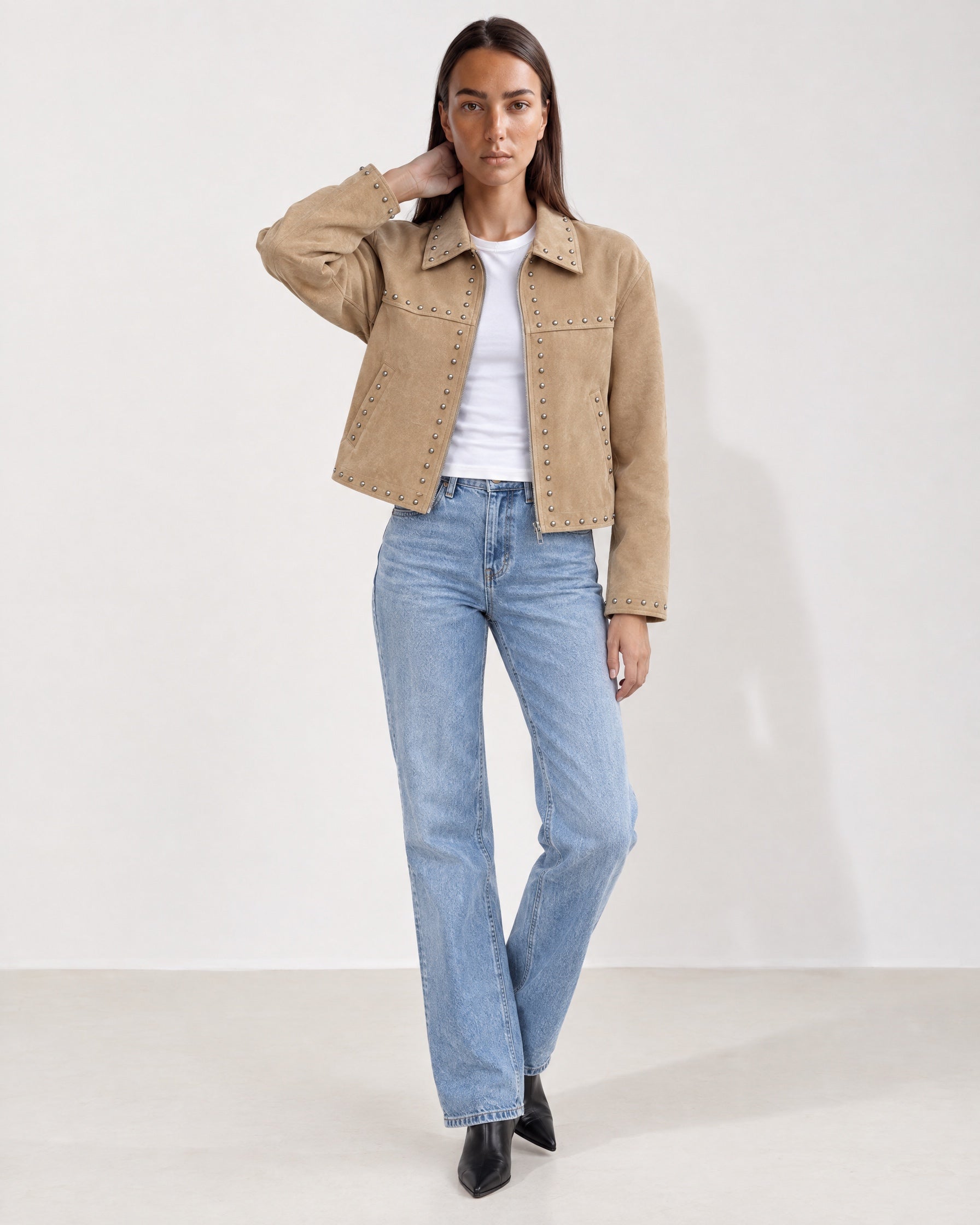 Camel Studded Jacket Cropped Biker Jacket with Point Collar and Silver Studs