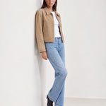 Camel Studded Jacket Cropped Biker Jacket with Point Collar and Silver Studs