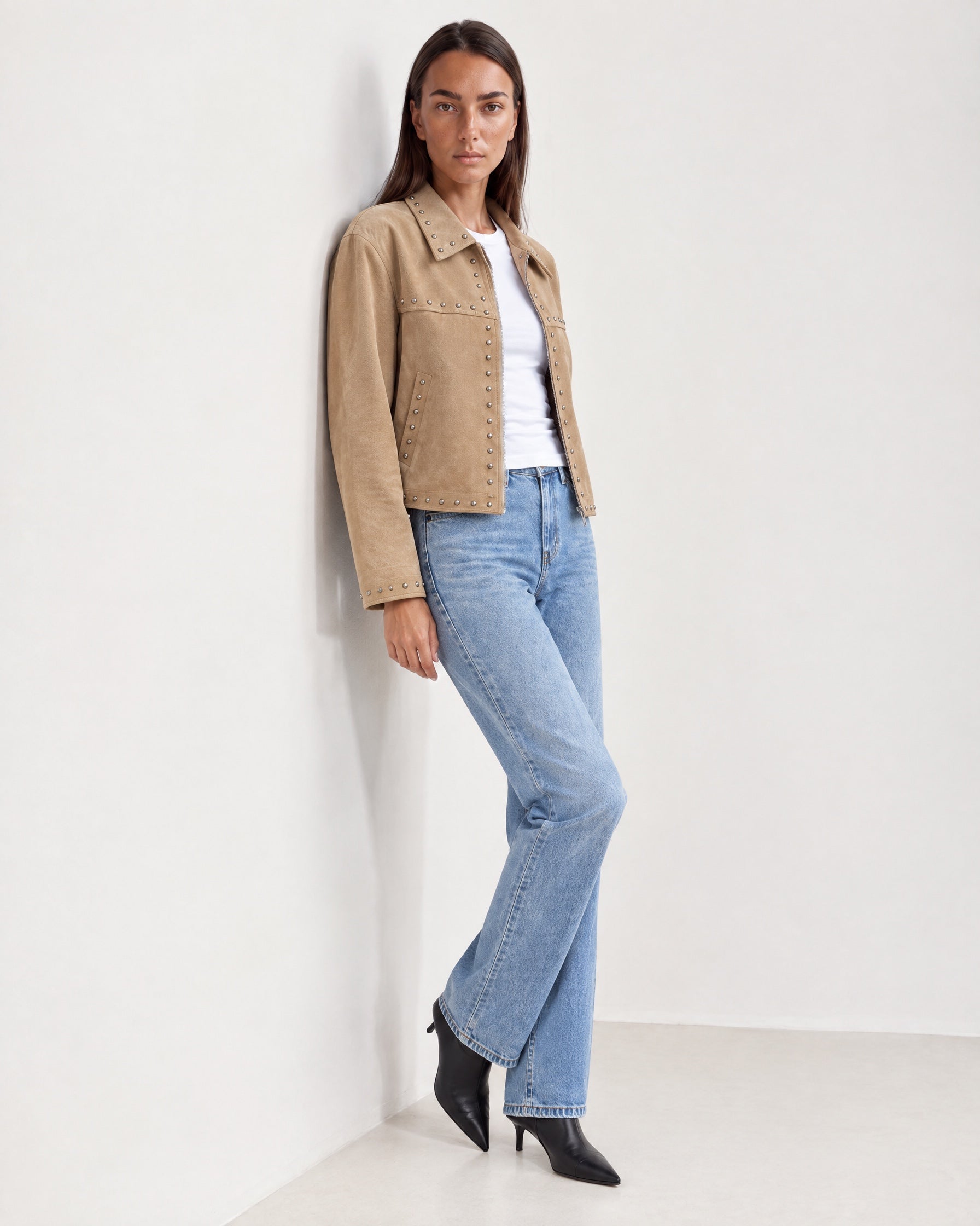 Camel Studded Jacket Cropped Biker Jacket with Point Collar and Silver Studs