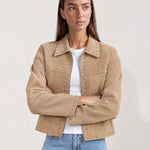 Camel Studded Jacket Cropped Biker Jacket with Point Collar and Silver Studs