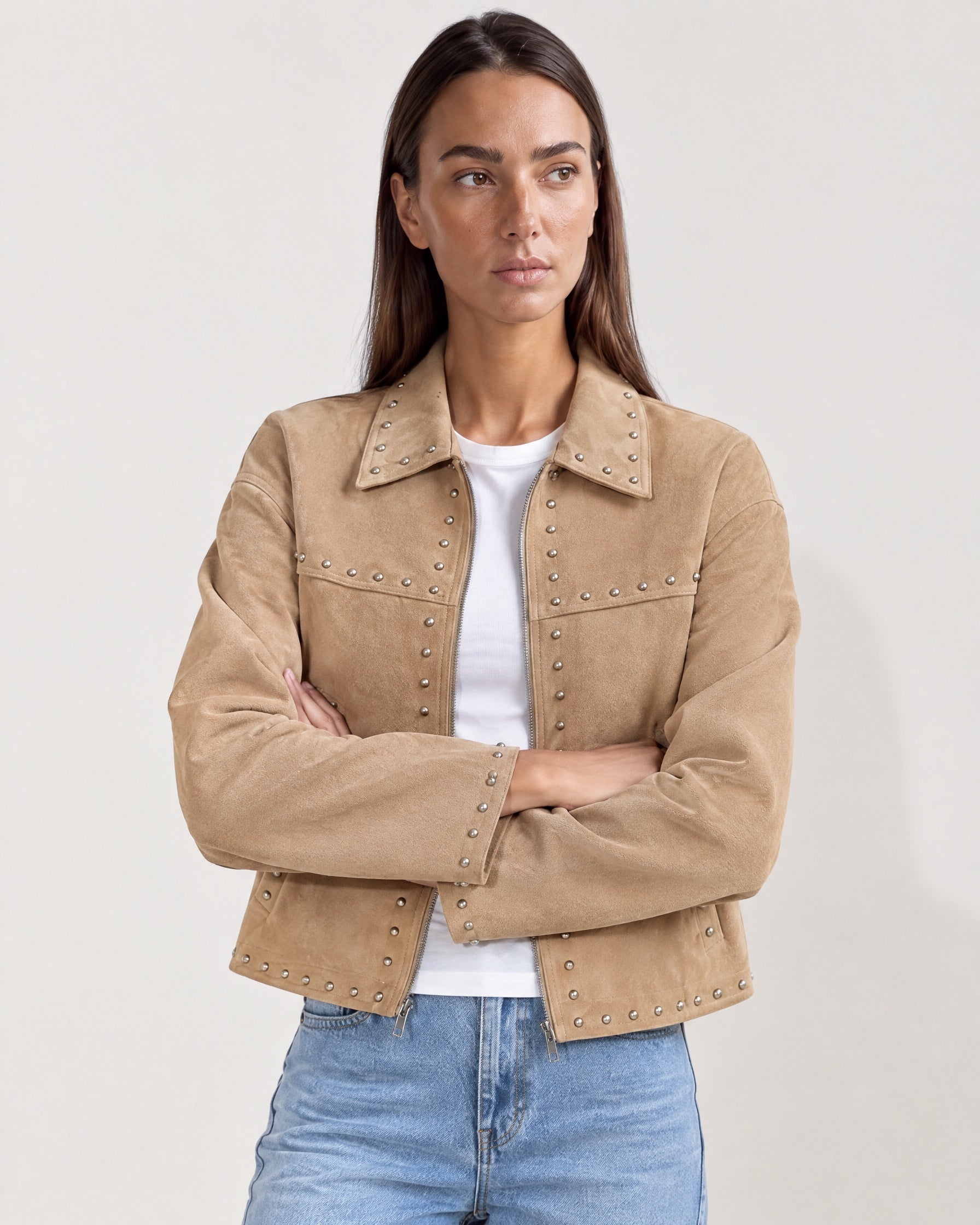 Camel Studded Jacket Cropped Biker Jacket with Point Collar and Silver Studs