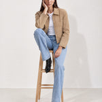 Camel Studded Jacket Cropped Biker Jacket with Point Collar and Silver Studs