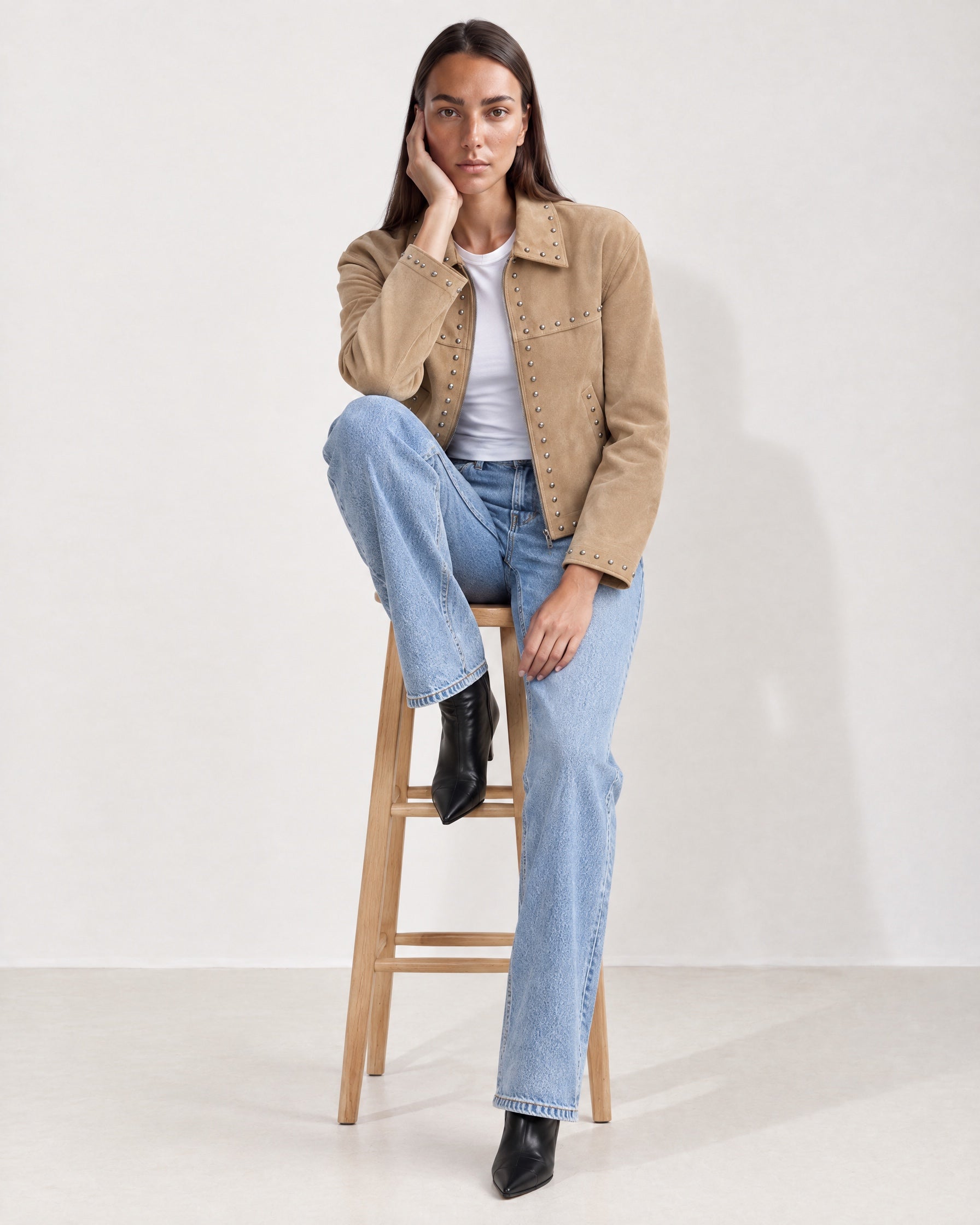 Camel Studded Jacket Cropped Biker Jacket with Point Collar and Silver Studs