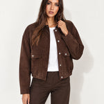 Brown Suedette Jacket with Stand Collar and Zip
