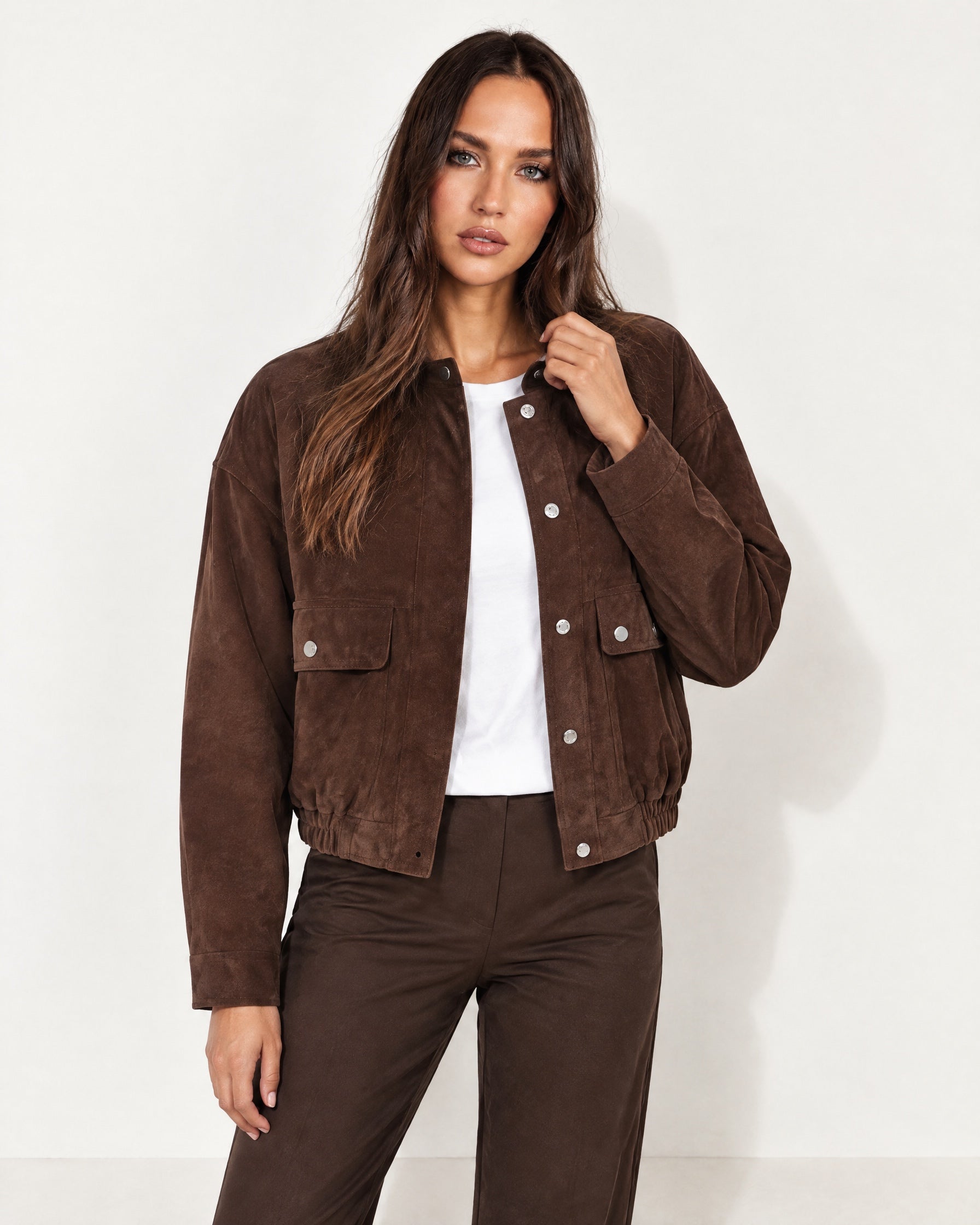Brown Suedette Jacket with Stand Collar and Zip