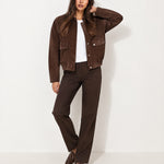 Brown Suedette Jacket with Stand Collar and Zip