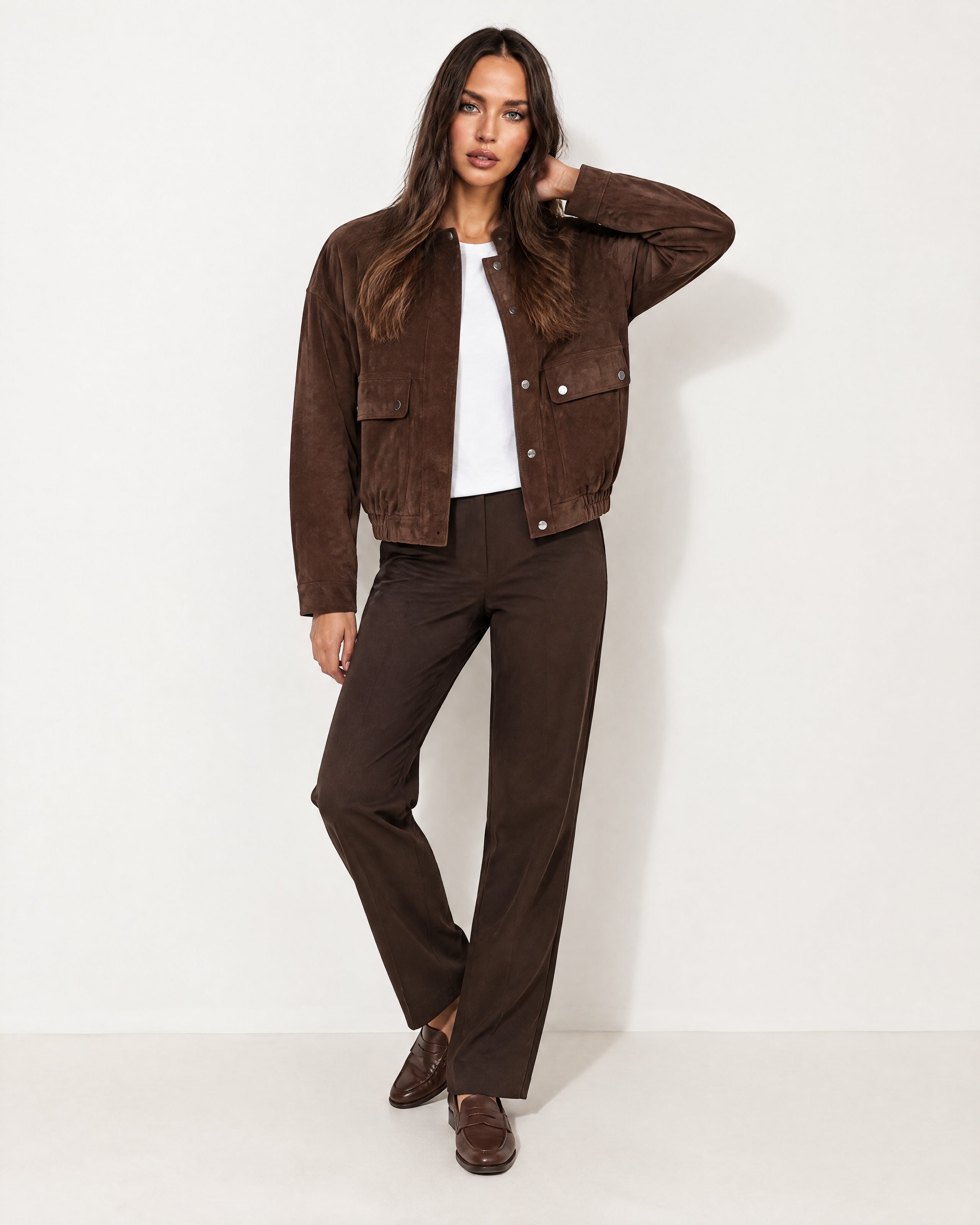 Brown Suedette Jacket with Stand Collar and Zip