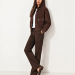 Brown Suedette Jacket with Stand Collar and Zip