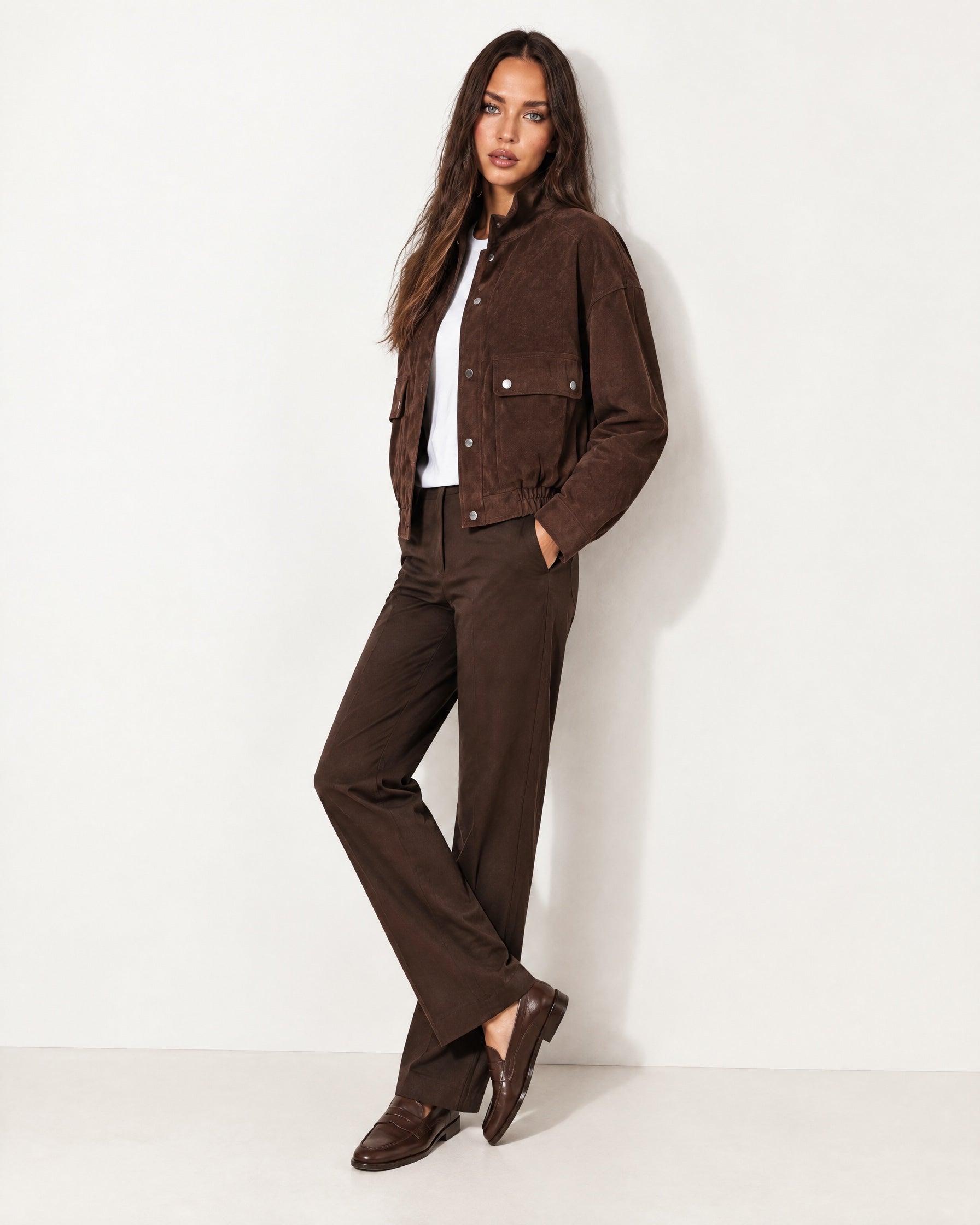 Brown Suedette Jacket with Stand Collar and Zip