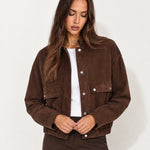 Brown Suedette Jacket with Stand Collar and Zip