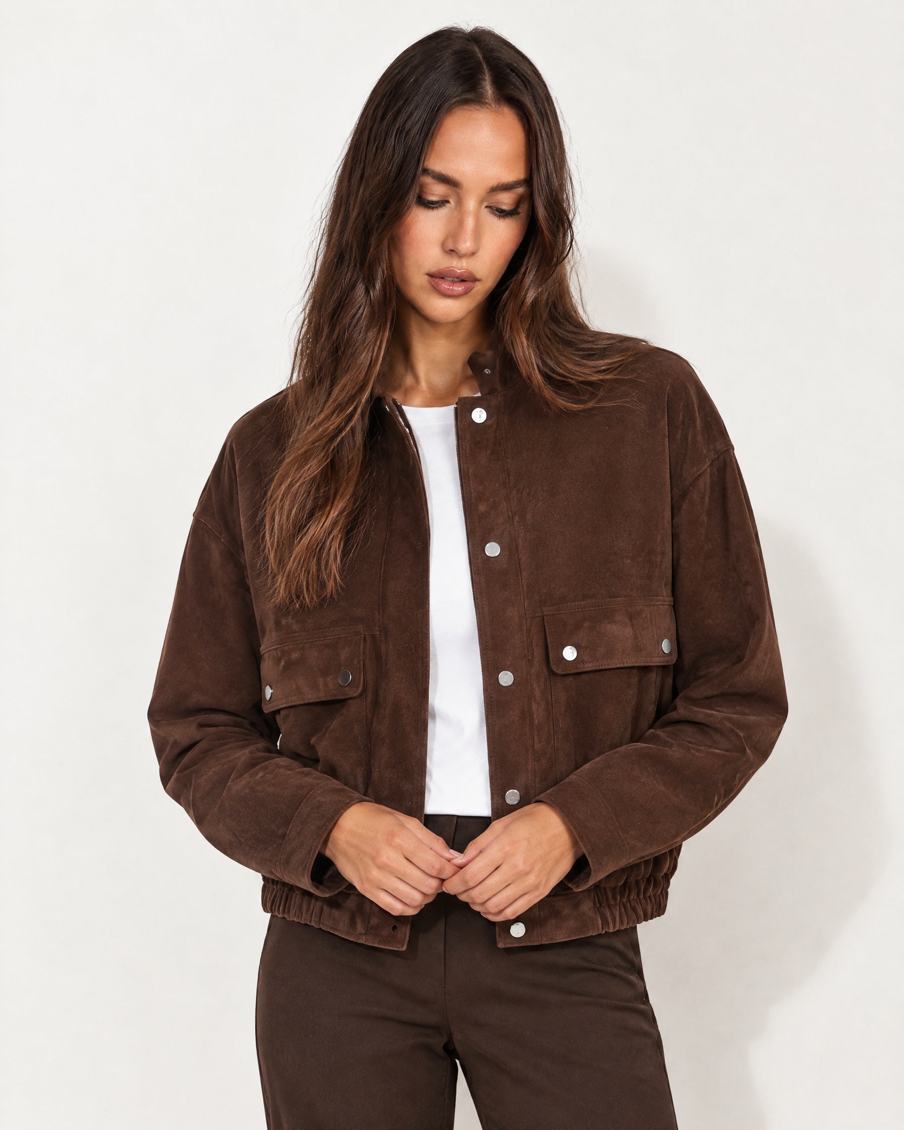 Brown Suedette Jacket with Stand Collar and Zip