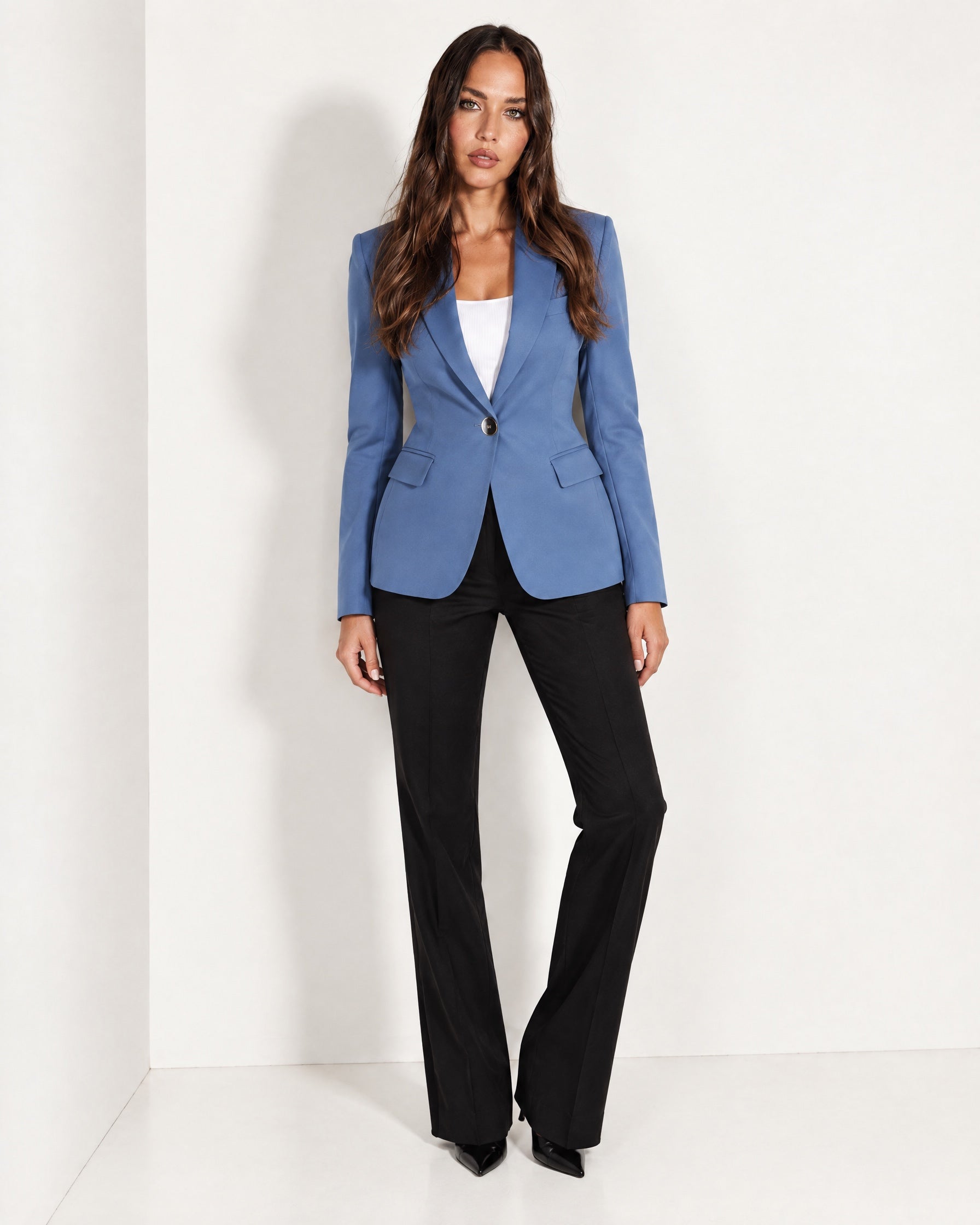 Blue Blazer Tailored Single Breasted Jacket with Notch Lapel and Flap Pockets
