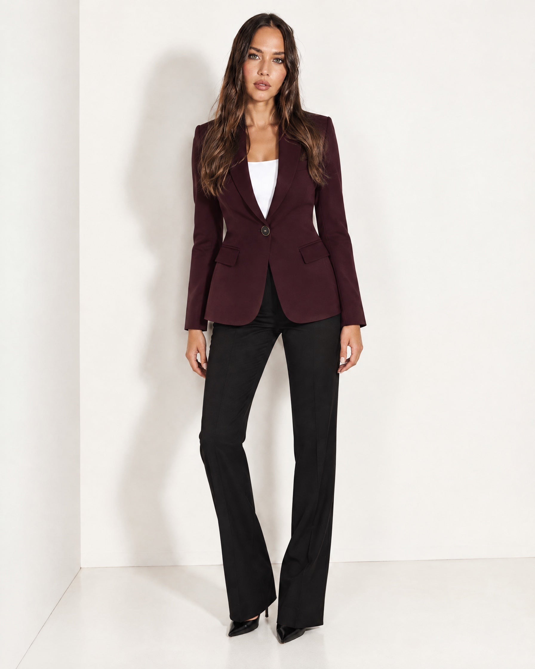 Bordeaux Blazer Tailored Single Breasted Jacket with Notch Lapel and Flap Pockets