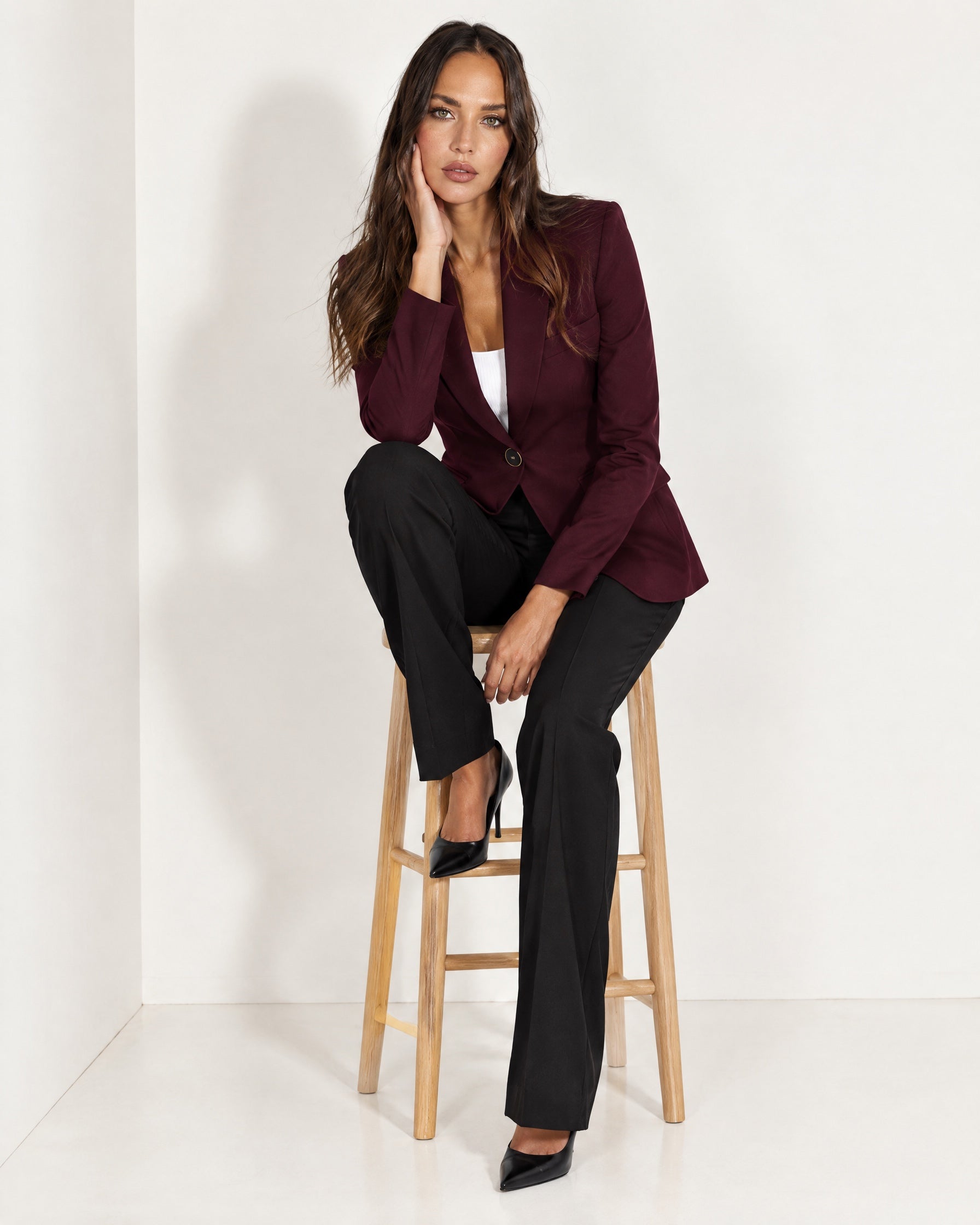Bordeaux Blazer Tailored Single Breasted Jacket with Notch Lapel and Flap Pockets