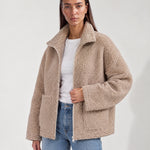 Sand Teddy Jacket Oversized Borg Jacket with Stand Collar and Patch Pockets