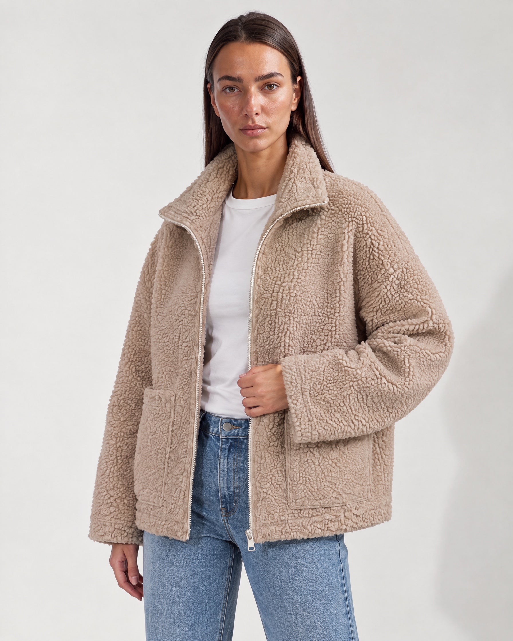 Sand Teddy Jacket Oversized Borg Jacket with Stand Collar and Patch Pockets