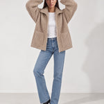 Sand Teddy Jacket Oversized Borg Jacket with Stand Collar and Patch Pockets