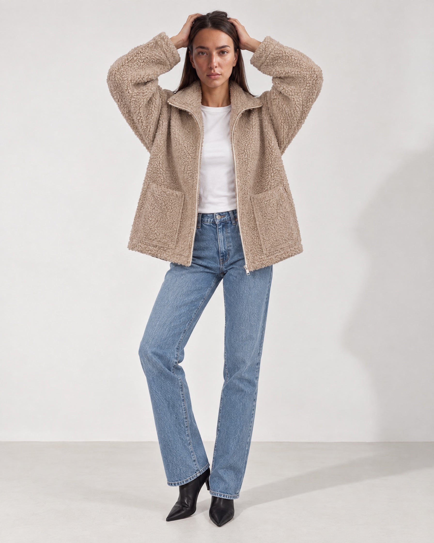 Sand Teddy Jacket Oversized Borg Jacket with Stand Collar and Patch Pockets