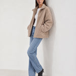 Sand Teddy Jacket Oversized Borg Jacket with Stand Collar and Patch Pockets