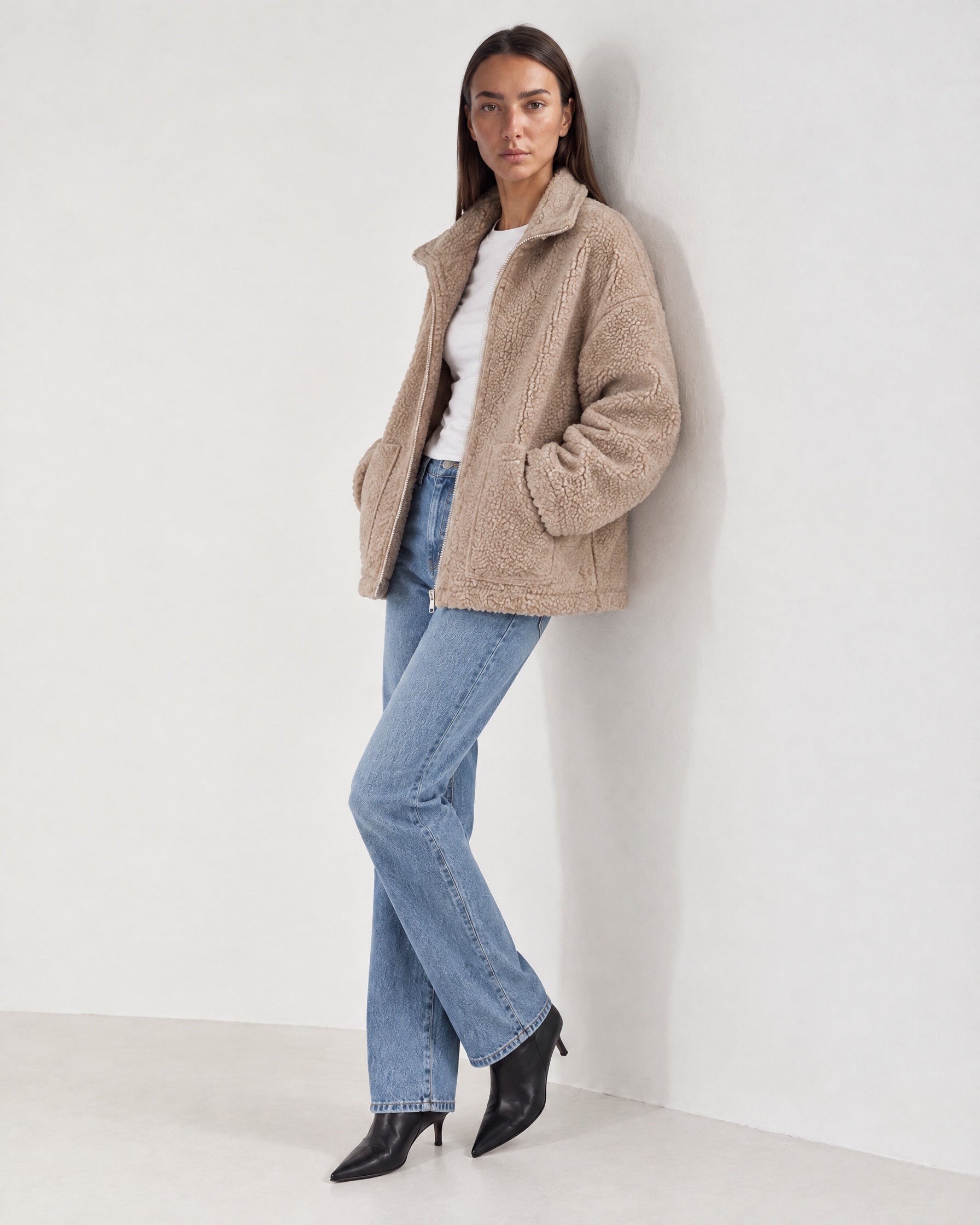 Sand Teddy Jacket Oversized Borg Jacket with Stand Collar and Patch Pockets