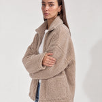 Sand Teddy Jacket Oversized Borg Jacket with Stand Collar and Patch Pockets