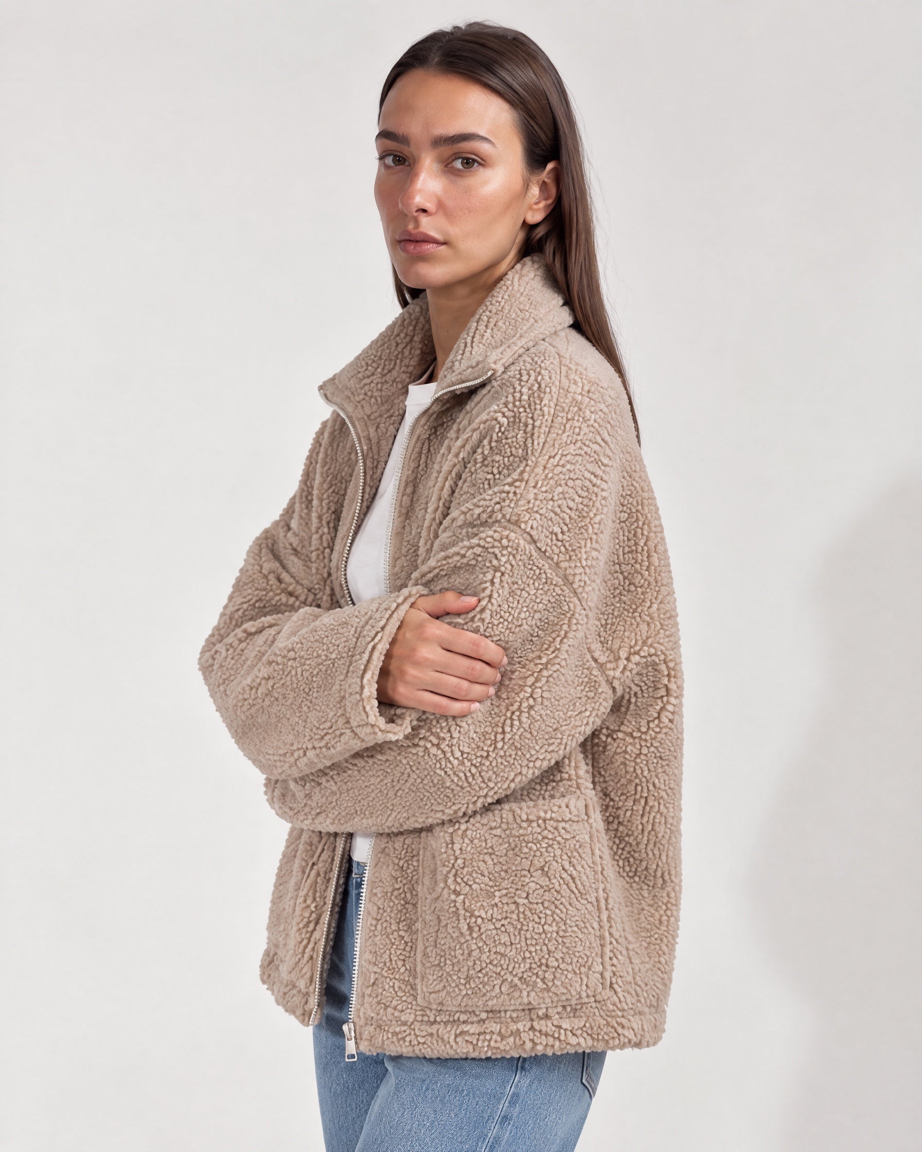 Sand Teddy Jacket Oversized Borg Jacket with Stand Collar and Patch Pockets