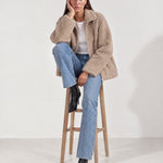Sand Teddy Jacket Oversized Borg Jacket with Stand Collar and Patch Pockets