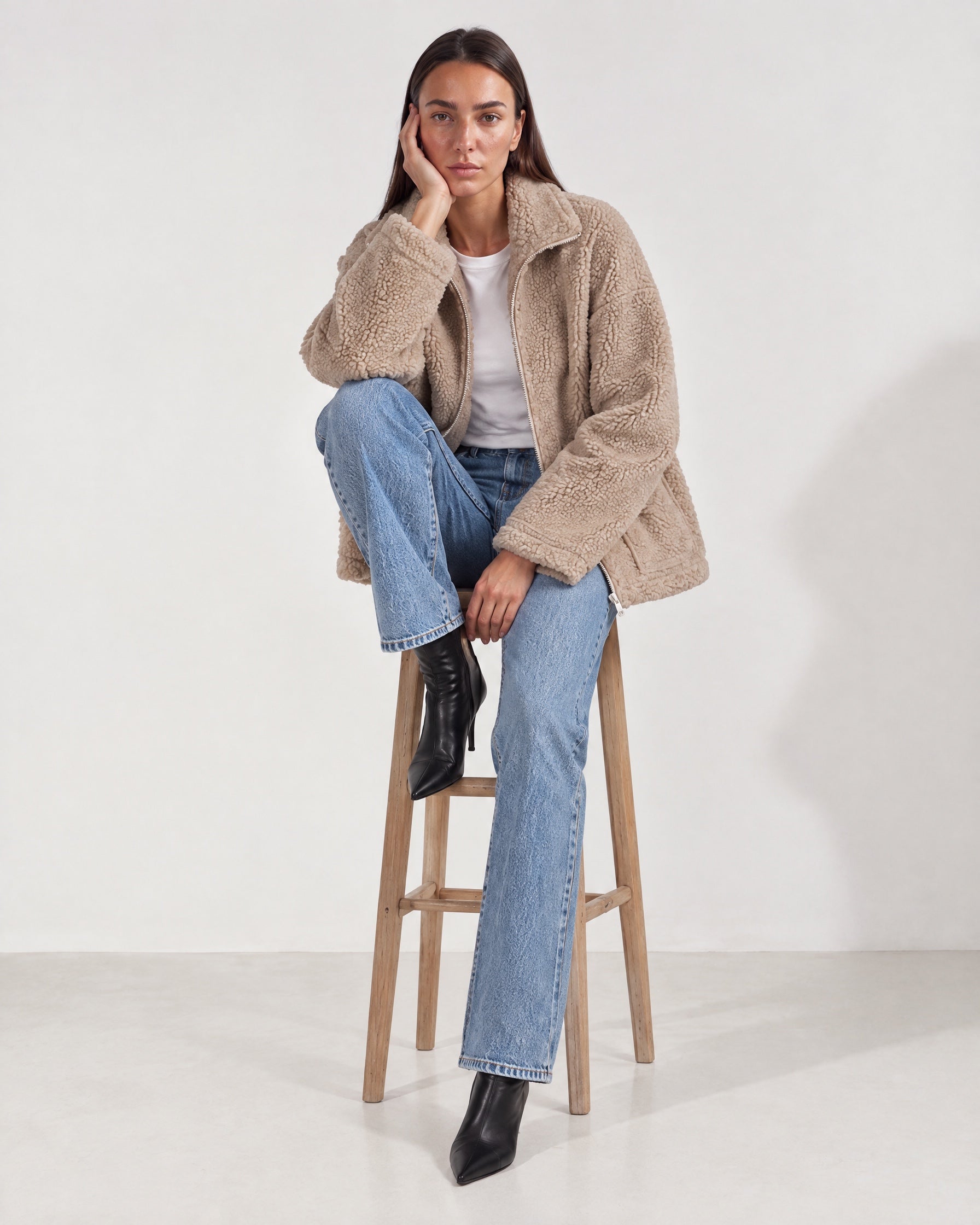 Sand Teddy Jacket Oversized Borg Jacket with Stand Collar and Patch Pockets