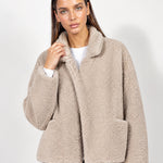 Beige Teddy Jacket Oversized Borg Jacket with Shawl Collar and Patch Pockets