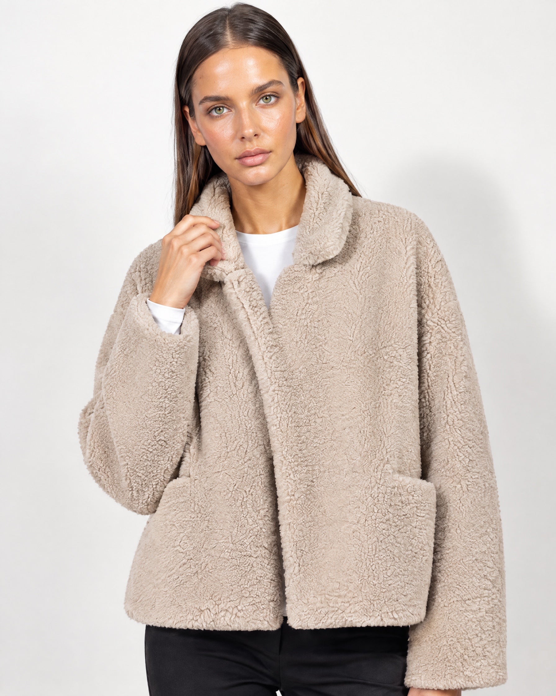 Beige Teddy Jacket Oversized Borg Jacket with Shawl Collar and Patch Pockets