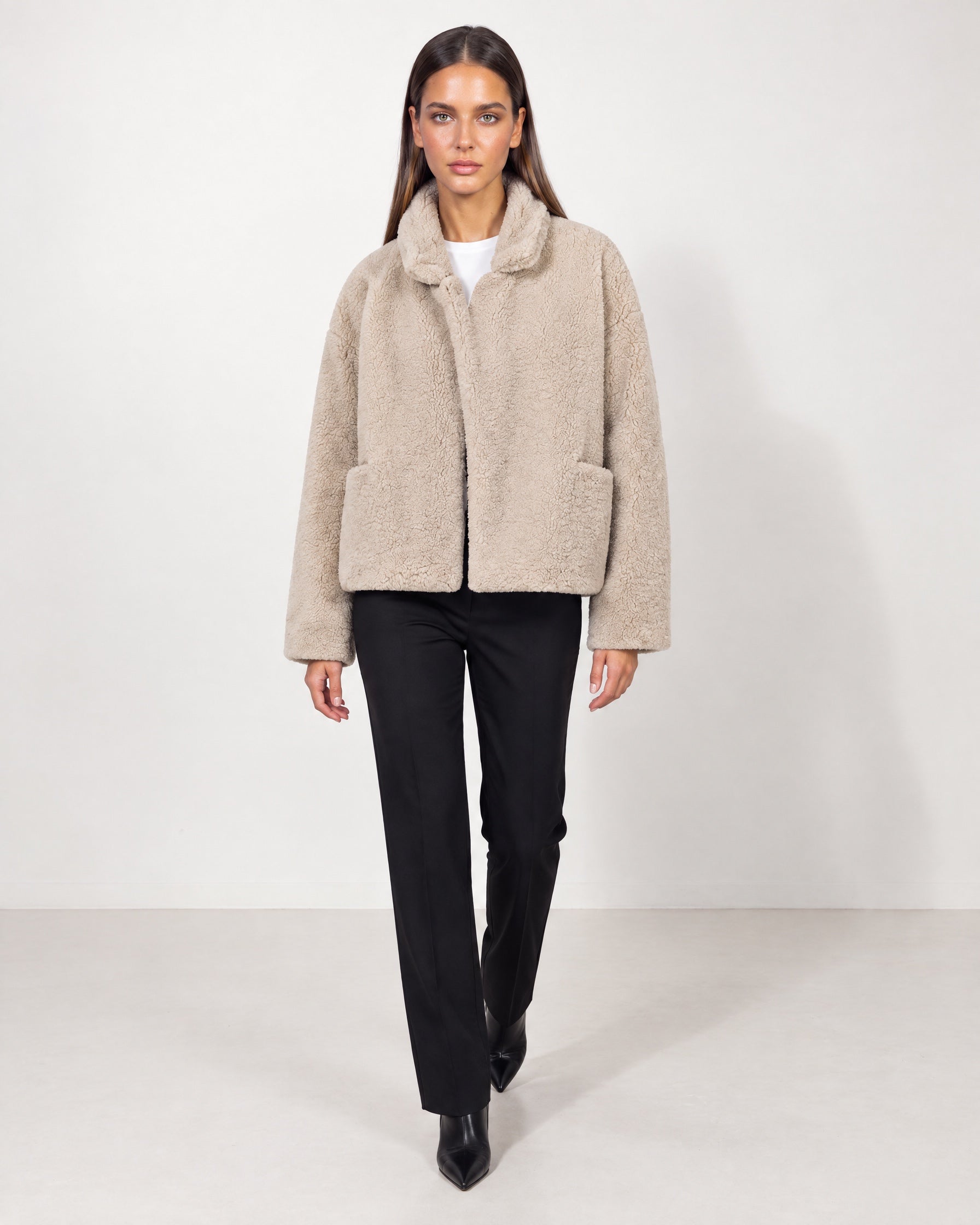 Beige Teddy Jacket Oversized Borg Jacket with Shawl Collar and Patch Pockets