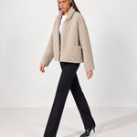 Beige Teddy Jacket Oversized Borg Jacket with Shawl Collar and Patch Pockets