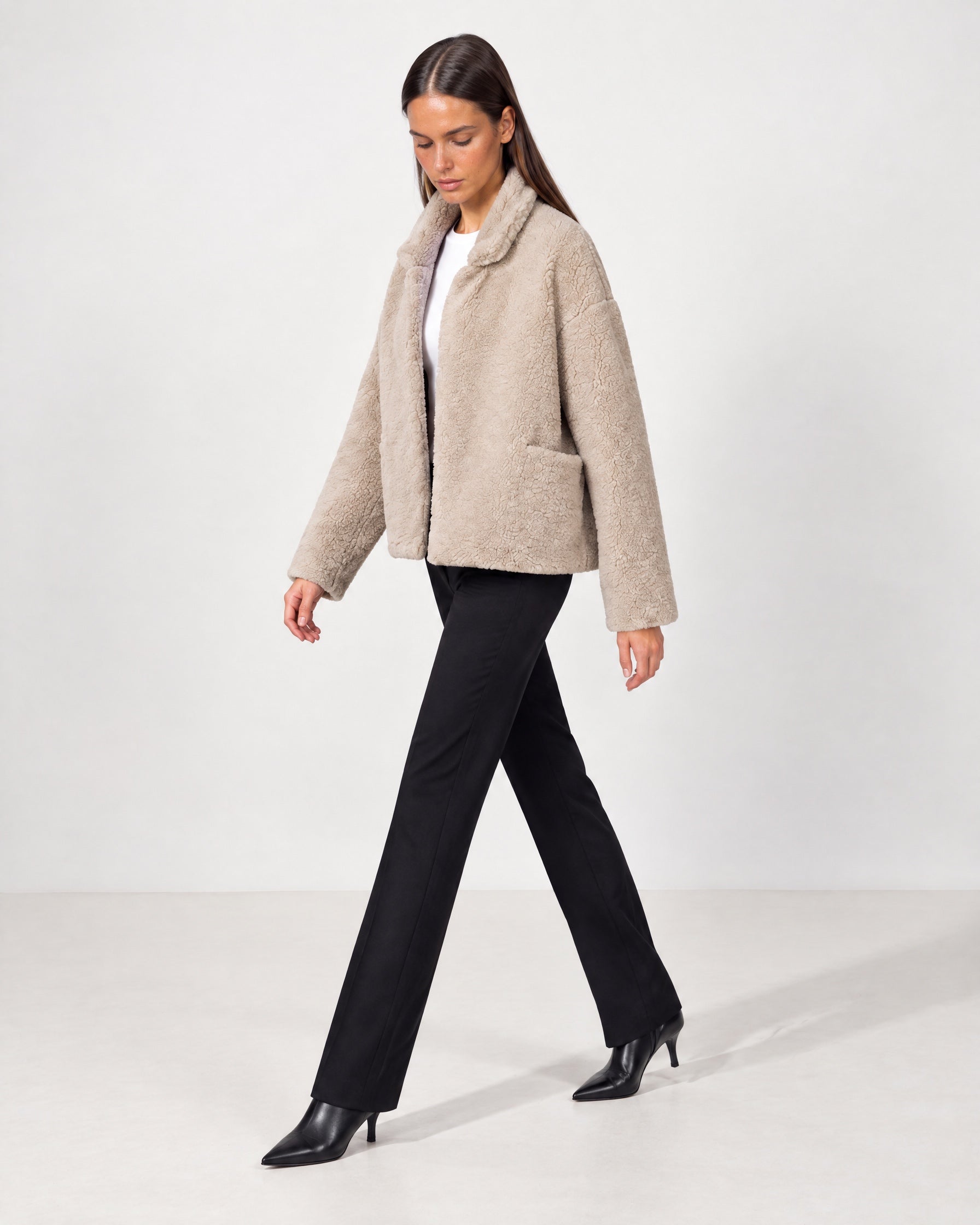 Beige Teddy Jacket Oversized Borg Jacket with Shawl Collar and Patch Pockets
