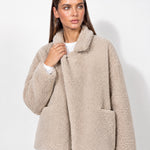 Beige Teddy Jacket Oversized Borg Jacket with Shawl Collar and Patch Pockets