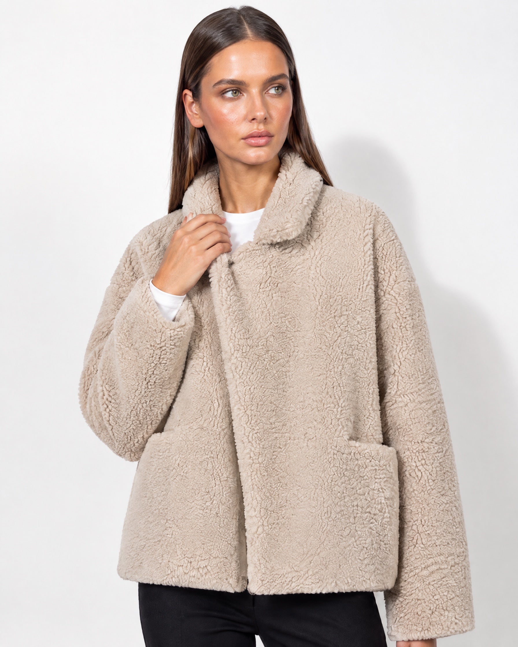 Beige Teddy Jacket Oversized Borg Jacket with Shawl Collar and Patch Pockets