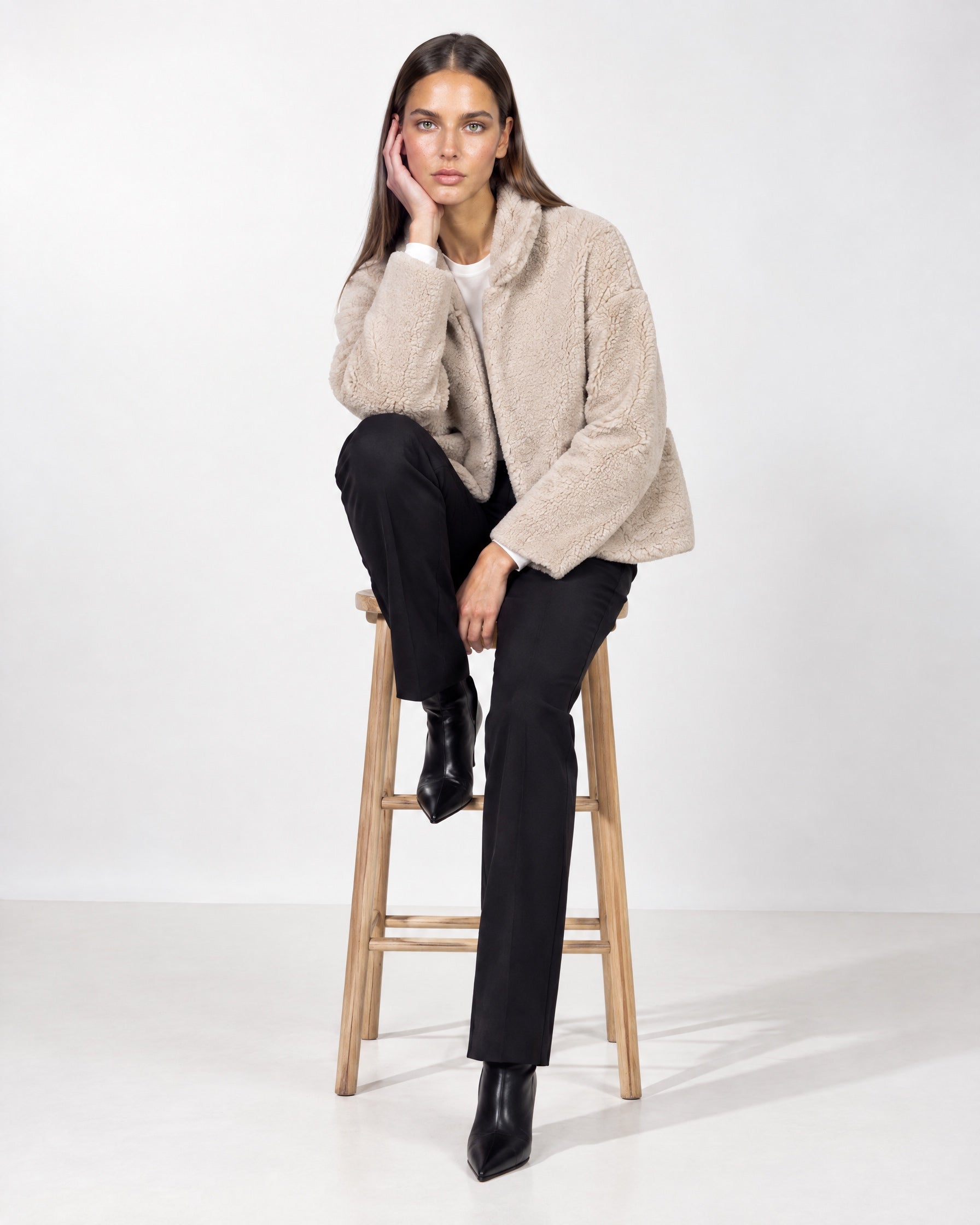 Beige Teddy Jacket Oversized Borg Jacket with Shawl Collar and Patch Pockets
