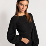 Black Knitted Dress Textured Mini Sweater Dress with Balloon Sleeves